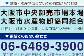 鮮魚・水産物卸についてのお問い合わせは大阪市中央卸売市場本場　大阪市水産物卸協同組合　所在地：〒553-0005 大阪市福島区野田1-1-86　電話でのお問い合わせ06-6469-3900　［受付時間］（休場日を除く）8：30AM～4：30PM　メールでのお問い合わせはこちら